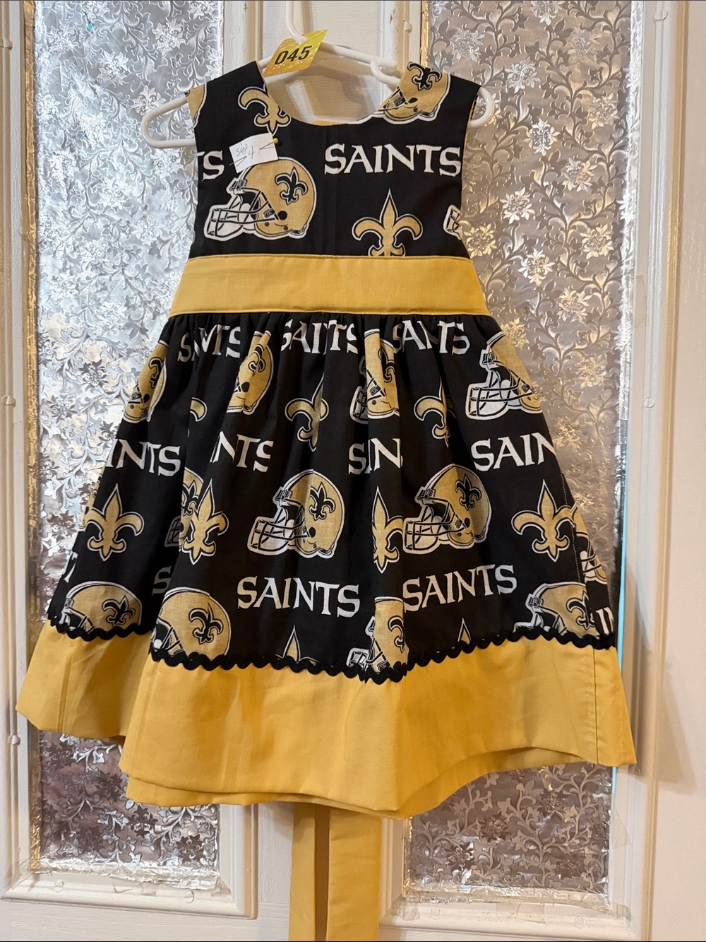 Hand Crafted Kids Formal Dress in Black and Gold Saints Print